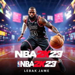 A dynamic and stylish poster featuring LeBron James in a virtual gaming environment inspired by NBA 2K23