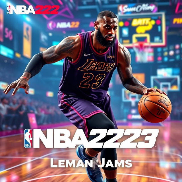 A dynamic and stylish poster featuring LeBron James in a virtual gaming environment inspired by NBA 2K23