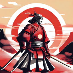 Generate an image of a stoic samurai in striking red and white armor, wielding a golden katana