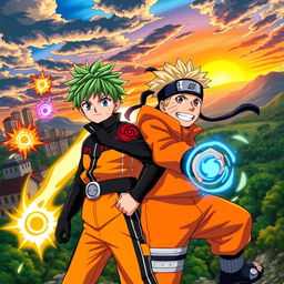 A dynamic crossover scene featuring characters from My Hero Academia and Naruto