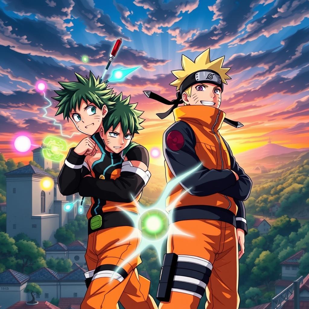 A dynamic crossover scene featuring characters from My Hero Academia and Naruto