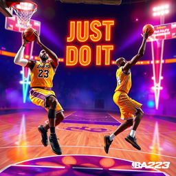 A vibrant and energetic gaming scene featuring LeBron James and Kobe Bryant in an action-packed moment from NBA 2K23