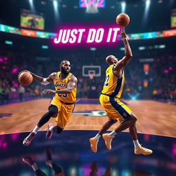 A vibrant and energetic gaming scene featuring LeBron James and Kobe Bryant in an action-packed moment from NBA 2K23
