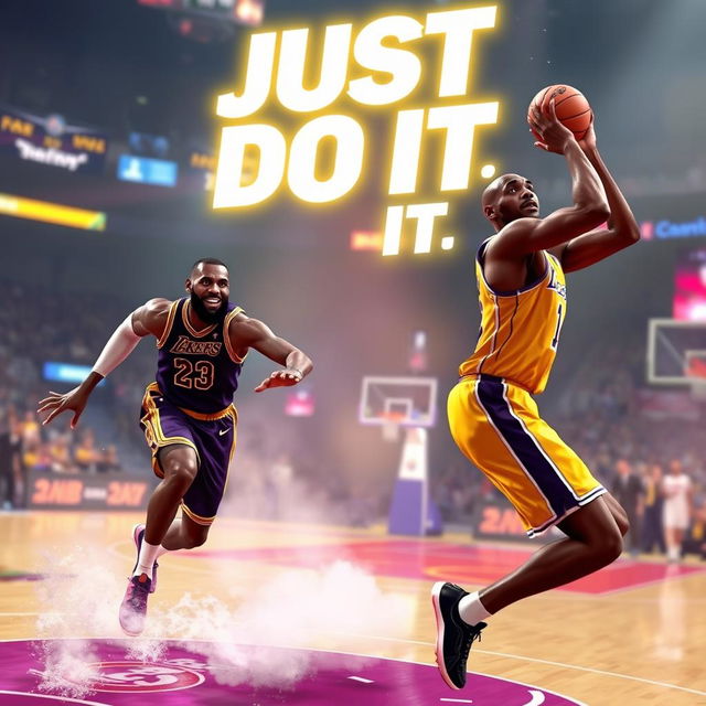 A vibrant and energetic gaming scene featuring LeBron James and Kobe Bryant in an action-packed moment from NBA 2K23