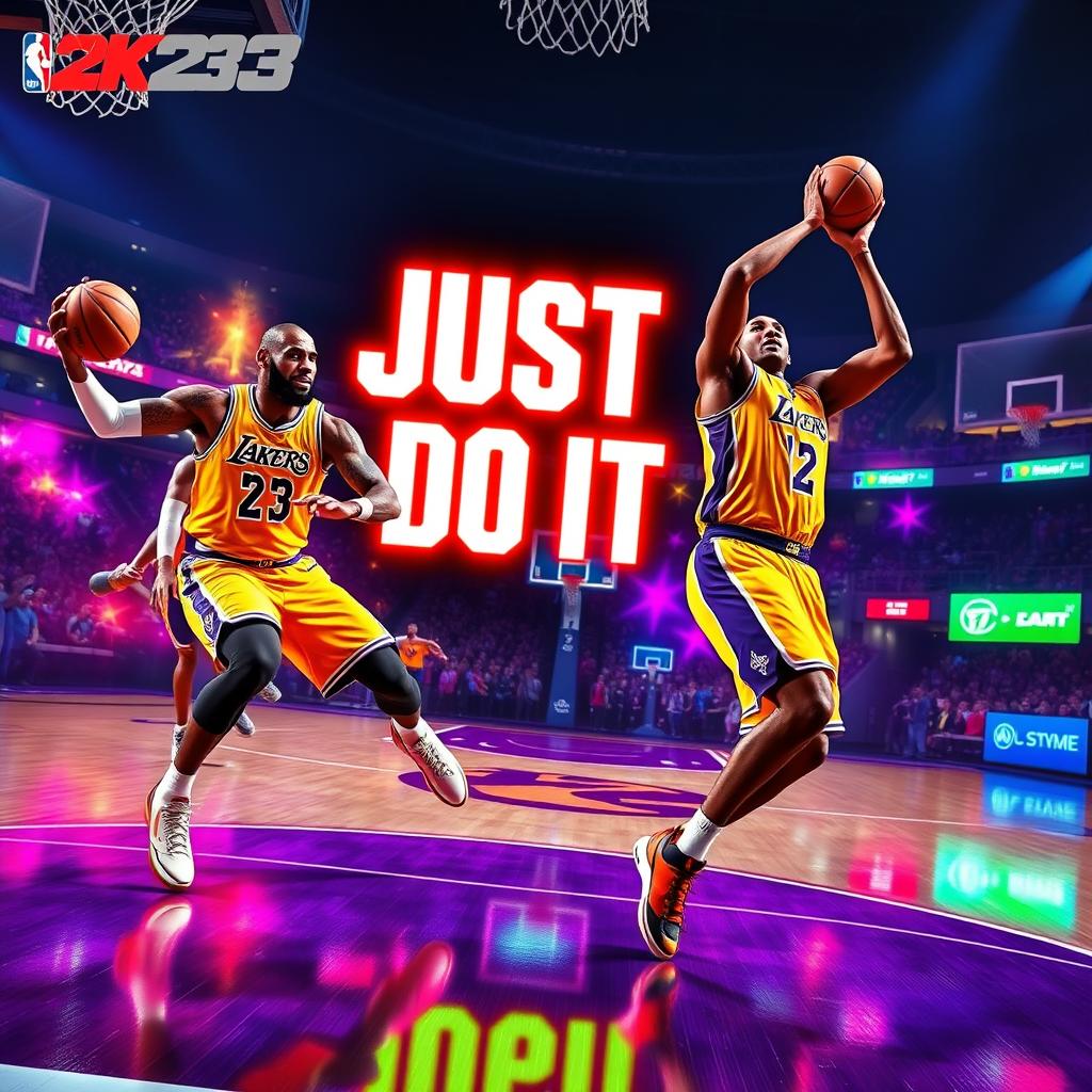 A vibrant and energetic gaming scene featuring LeBron James and Kobe Bryant in an action-packed moment from NBA 2K23