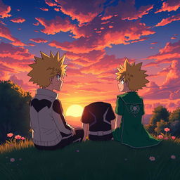 A serene scene depicting Katsuki Bakugo and Izuku Midoriya (Deku) sitting together on a grassy hill, watching a breathtaking sunset