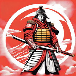 Generate an image of a stoic samurai in striking red and white armor, wielding a golden katana