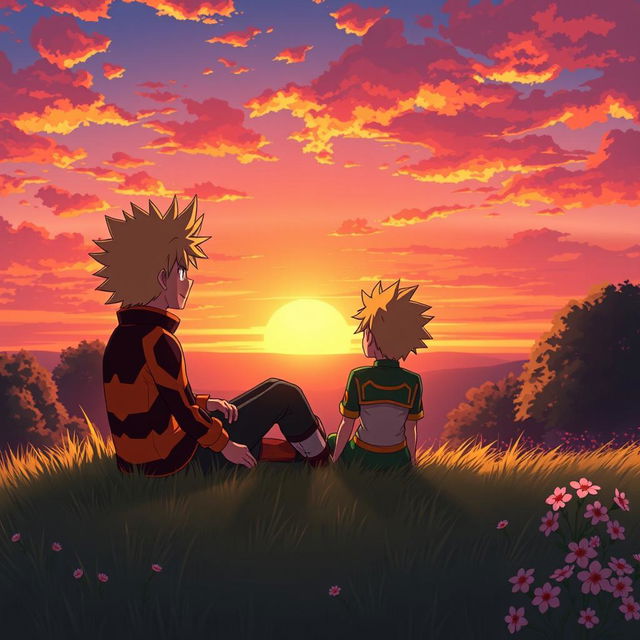 A serene scene depicting Katsuki Bakugo and Izuku Midoriya (Deku) sitting together on a grassy hill, watching a breathtaking sunset