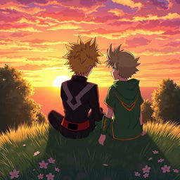 A serene scene depicting Katsuki Bakugo and Izuku Midoriya (Deku) sitting together on a grassy hill, watching a breathtaking sunset