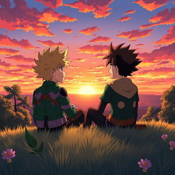 A serene scene depicting Katsuki Bakugo and Izuku Midoriya (Deku) sitting together on a grassy hill, watching a breathtaking sunset