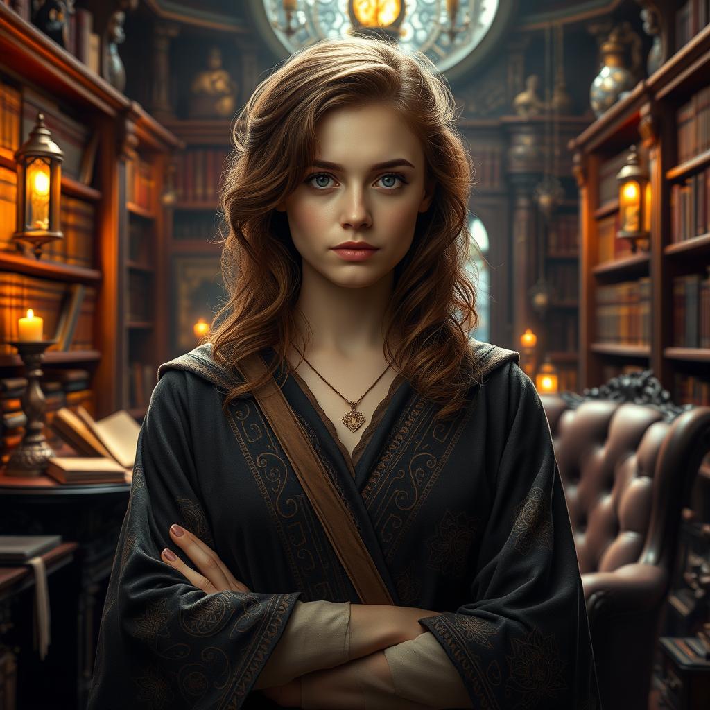 A portrait of a strong and confident young woman, reminiscent of a character inspired by Hermione Granger from a wizarding story