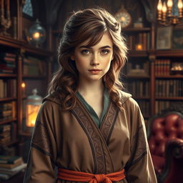A portrait of a strong and confident young woman, reminiscent of a character inspired by Hermione Granger from a wizarding story