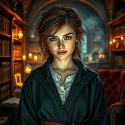 A portrait of a strong and confident young woman, reminiscent of a character inspired by Hermione Granger from a wizarding story