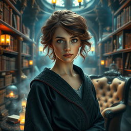 A portrait of a strong and confident young woman, reminiscent of a character inspired by Hermione Granger from a wizarding story