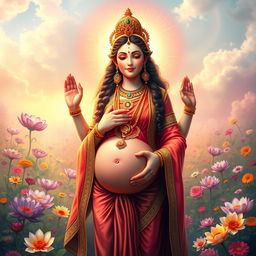 A divine figure representing a pregnant Hindu goddess, radiating a warm and ethereal glow, adorned in traditional colorful garments with intricate gold embroidery and jewelry