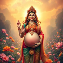 A divine figure representing a pregnant Hindu goddess, radiating a warm and ethereal glow, adorned in traditional colorful garments with intricate gold embroidery and jewelry