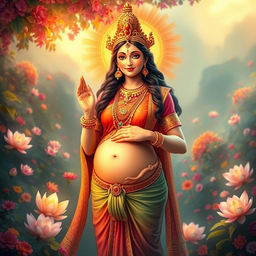 A divine figure representing a pregnant Hindu goddess, radiating a warm and ethereal glow, adorned in traditional colorful garments with intricate gold embroidery and jewelry