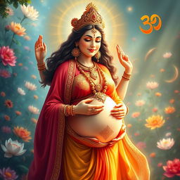 A divine figure representing a pregnant Hindu goddess, radiating a warm and ethereal glow, adorned in traditional colorful garments with intricate gold embroidery and jewelry