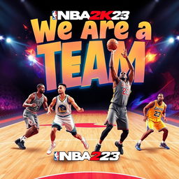 An exciting and vibrant digital artwork featuring basketball legends Michael Jordan, Stephen Curry, LeBron James, and Kobe Bryant in a collaborative moment from NBA 2K23