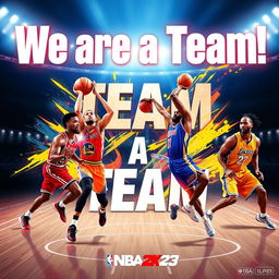An exciting and vibrant digital artwork featuring basketball legends Michael Jordan, Stephen Curry, LeBron James, and Kobe Bryant in a collaborative moment from NBA 2K23