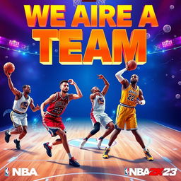 An exciting and vibrant digital artwork featuring basketball legends Michael Jordan, Stephen Curry, LeBron James, and Kobe Bryant in a collaborative moment from NBA 2K23