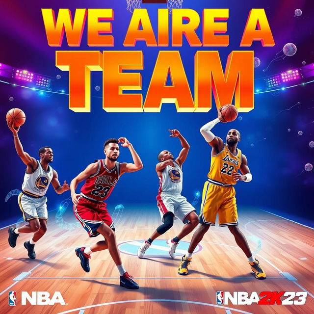 An exciting and vibrant digital artwork featuring basketball legends Michael Jordan, Stephen Curry, LeBron James, and Kobe Bryant in a collaborative moment from NBA 2K23