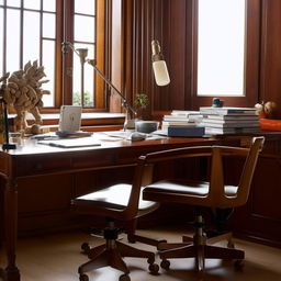 A well-organized study table with a lamp, textbooks, a laptop, and stationery items. The desk is made of mahogany wood with a comfortable chair