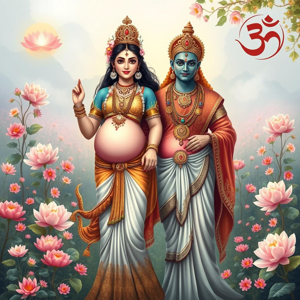 A divine couple representing Hindu deities, both pregnant, standing together in a harmonious pose