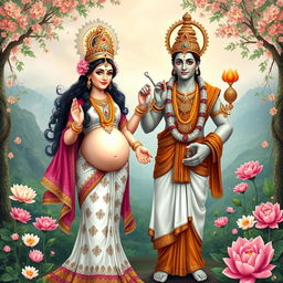 A divine couple representing Hindu deities, both pregnant, standing together in a harmonious pose