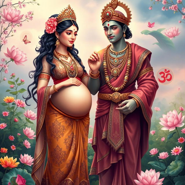 A divine couple representing Hindu deities, both pregnant, standing together in a harmonious pose