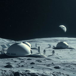 A futuristic lunar settlement, showcasing a series of sleek, modern domes and habitats, under a vast, open sky filled with twinkling stars and a glowing Earth visible on the horizon