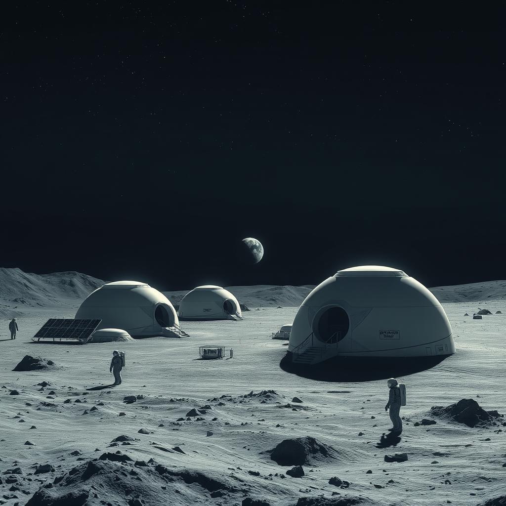 A futuristic lunar settlement, showcasing a series of sleek, modern domes and habitats, under a vast, open sky filled with twinkling stars and a glowing Earth visible on the horizon