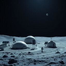 A futuristic lunar settlement, showcasing a series of sleek, modern domes and habitats, under a vast, open sky filled with twinkling stars and a glowing Earth visible on the horizon