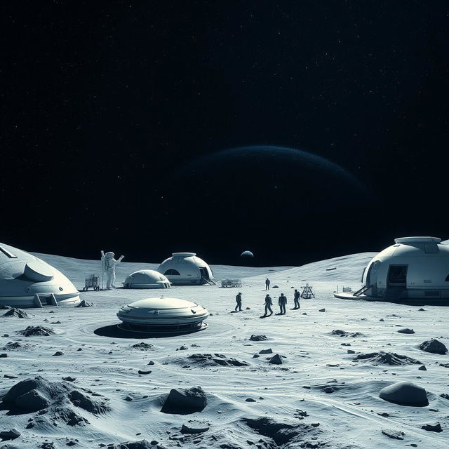 A futuristic lunar settlement, showcasing a series of sleek, modern domes and habitats, under a vast, open sky filled with twinkling stars and a glowing Earth visible on the horizon