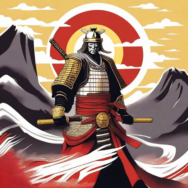 Generate an image of a regal samurai, clad in traditional white and red armor, brandishing a shining golden katana