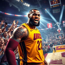 A dramatic digital artwork depicting LeBron James in an intense moment, where he is shown reacting to a crowd of enthusiastic fans during a high-stakes basketball game