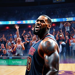 A dramatic digital artwork depicting LeBron James in an intense moment, where he is shown reacting to a crowd of enthusiastic fans during a high-stakes basketball game