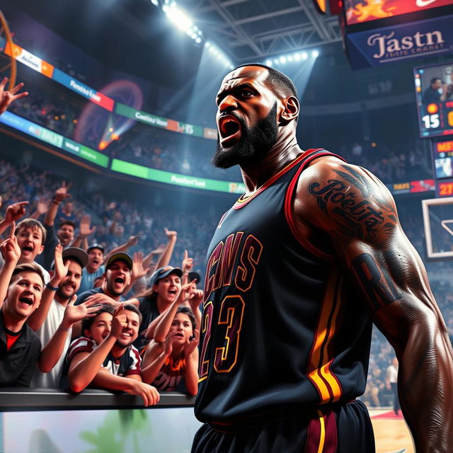 A dramatic digital artwork depicting LeBron James in an intense moment, where he is shown reacting to a crowd of enthusiastic fans during a high-stakes basketball game