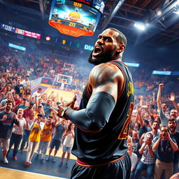 A dramatic digital artwork depicting LeBron James in an intense moment, where he is shown reacting to a crowd of enthusiastic fans during a high-stakes basketball game