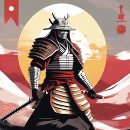 Generate an image of a regal samurai, clad in traditional white and red armor, brandishing a shining golden katana