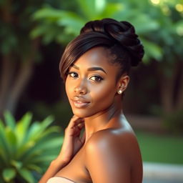 A beautiful, dark-skinned woman posing confidently, showcasing her natural beauty