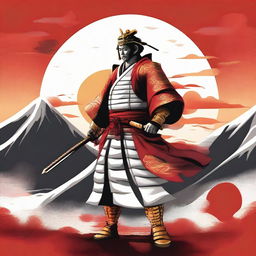 Generate an image of a regal samurai, clad in traditional white and red armor, brandishing a shining golden katana