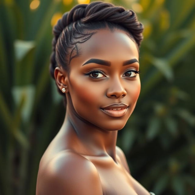 A beautiful, dark-skinned woman posing confidently, showcasing her natural beauty