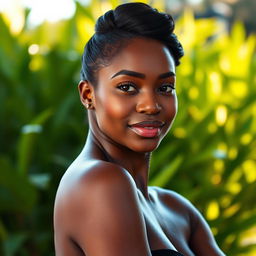 A beautiful, dark-skinned woman posing confidently, showcasing her natural beauty