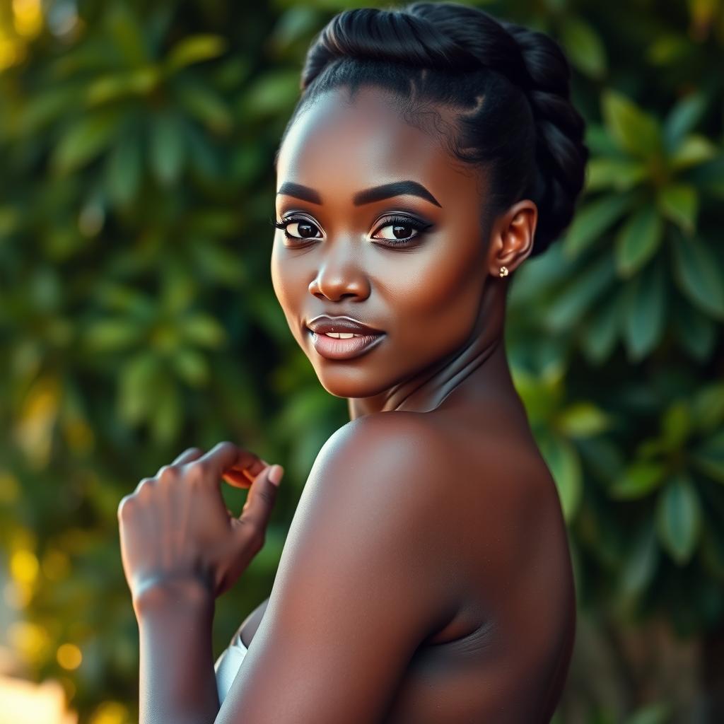 A beautiful, dark-skinned woman posing confidently, showcasing her natural beauty