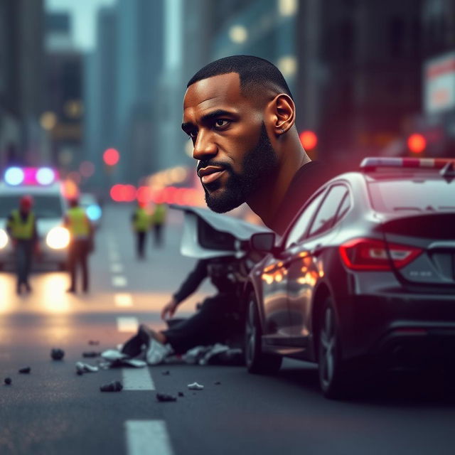 A somber and respectful digital artwork depicting a fictional car crash scenario involving LeBron James