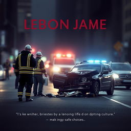 A somber and respectful digital artwork depicting a fictional car crash scenario involving LeBron James