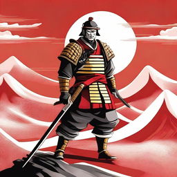 Generate an image of a regal samurai, clad in traditional white and red armor, brandishing a shining golden katana