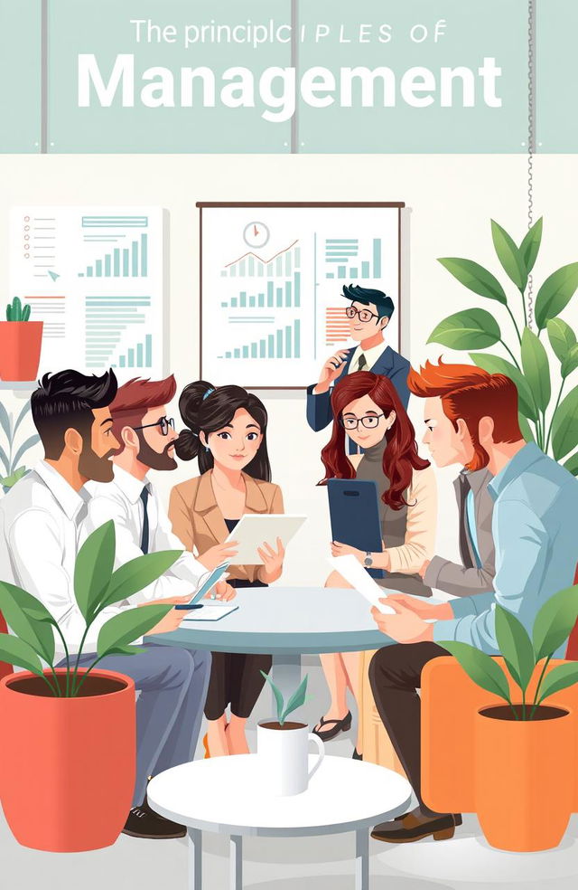 An educational illustration representing the principles of management, featuring a diverse group of professionals in a modern office setting