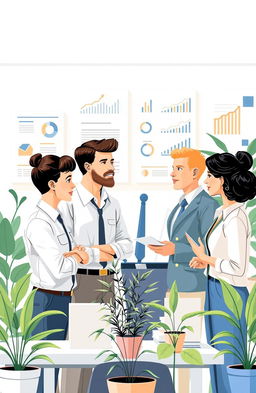 An educational illustration representing the principles of management, featuring a diverse group of professionals in a modern office setting